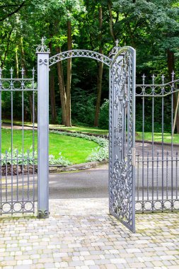 Avlunun çit girişindeki demir kapı, bitkilerle dolu park ile fayanslardan oluşan kaldırım arasında bir engel..