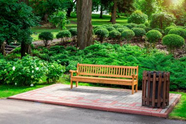 Tahta bir çöp tenekesi olan ahşap bir bank. Asfalt yolun kenarındaki kaldırımda. Bir yaz günü ağaçlar ve yeşil çalılarla birlikte..
