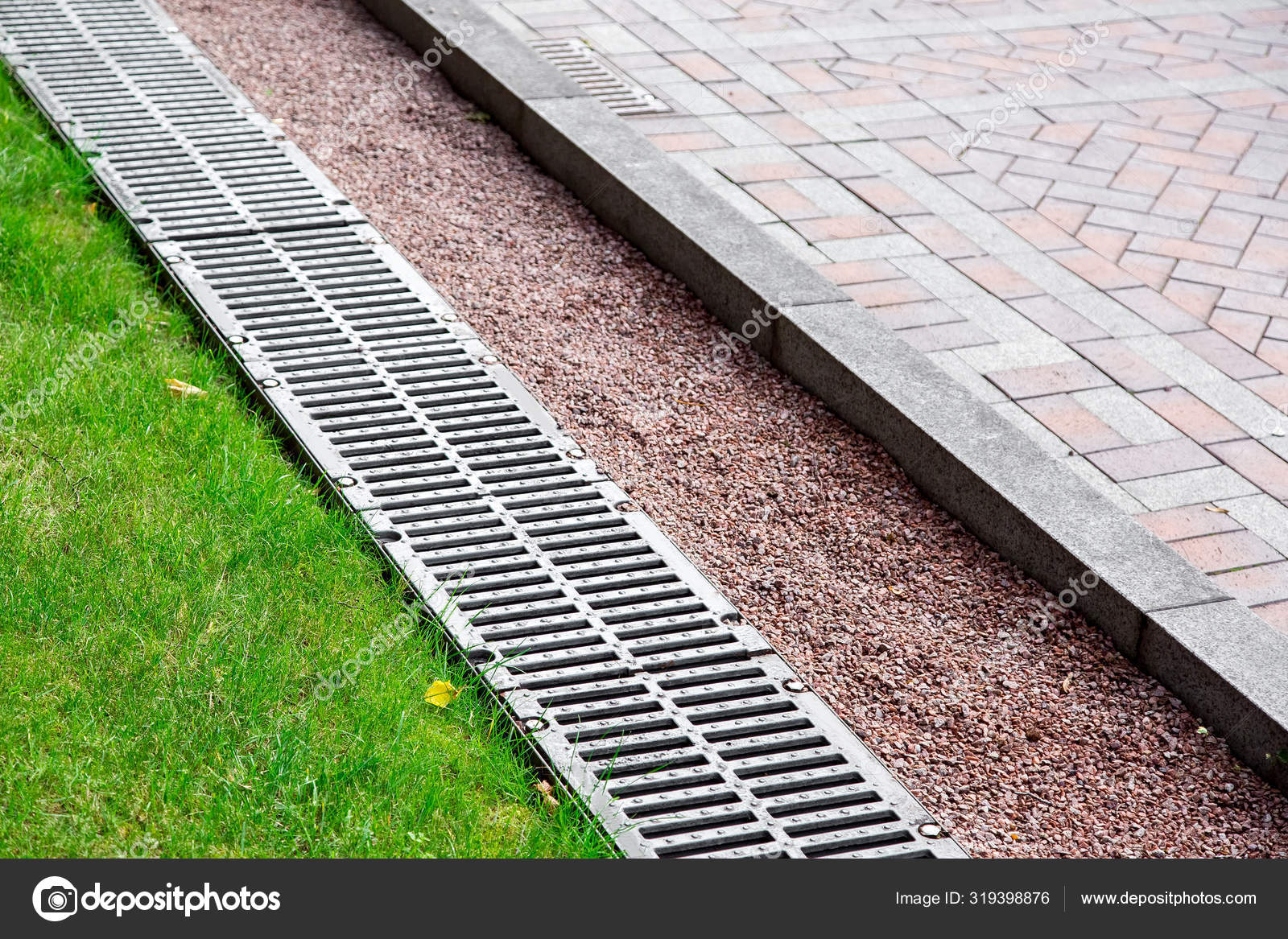 Drainage System Park Green Grass Stone Pavement Drainage Grate Pebbles ...