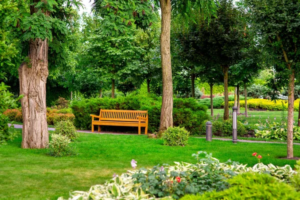 Parterre Con Plantas Parque Verano Con Sendero Bancos Madera Sombra — Foto de Stock