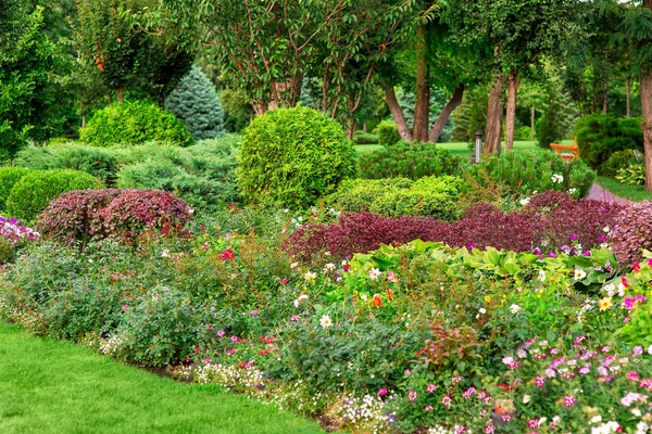 Een Landschapsontwerp Kleurrijk Bloembed Met Veel Bloemen Planten Goed Verzorgde — Stockfoto