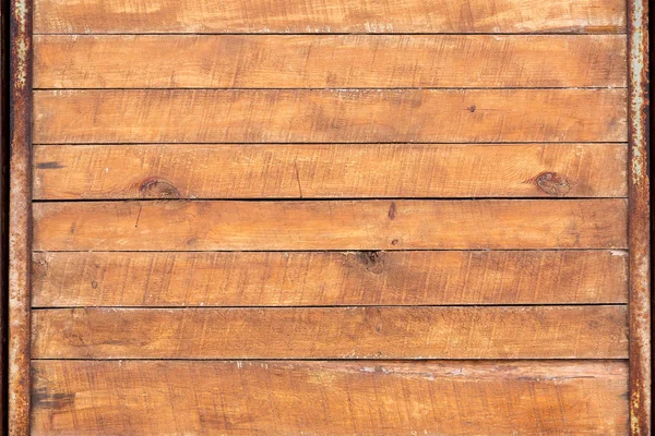 Brązowe Deski Żelazną Zardzewiałą Ramą Drewniana Podłoga — Zdjęcie stockowe