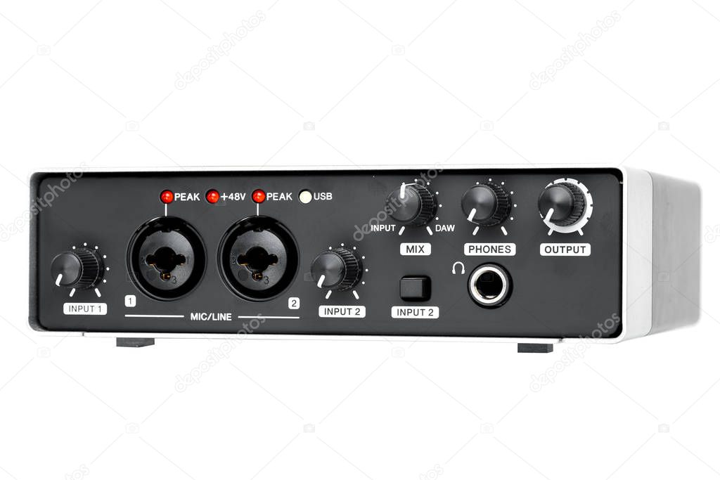 USB Audio interface front panel for Home recording or Mixing, external sound card black and silver color isolated on white background.