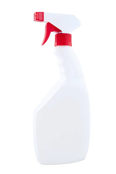 Plastikowa Butelka Kolorze Białym Czerwoną Dyszą Spryskiwania Środków Czyszczących Izolowany — Zdjęcie stockowe