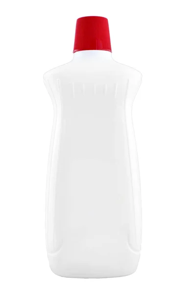 白い背景に赤いキャップが隔離された白いペットボトルに皿を洗うための家庭用化学物質 — ストック写真