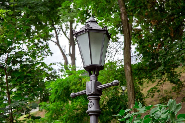 Iron Street Lamp Retro Style Glass Inserts Park Background Trees — Stock Photo, Image