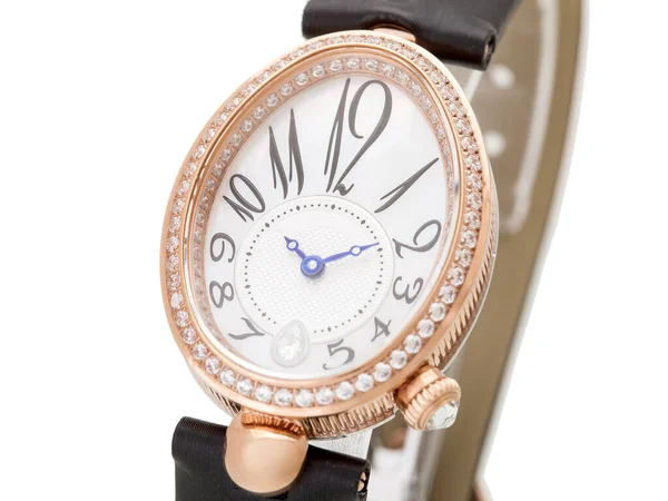 Women Golden Wrist Watch Precious Diamonds Black Leather Strap Close — Stock Photo, Image