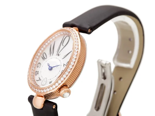 Armbandsur Guld Fallet Dekorerade Dyrbara Diamanter Med Svart Läderrem Sidovy — Stockfoto