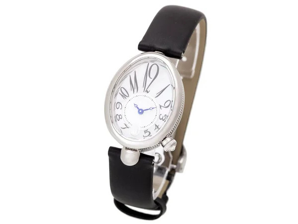 Female Wrist Watch Silver Case Black Leather Strap Isolated White — Stock Photo, Image