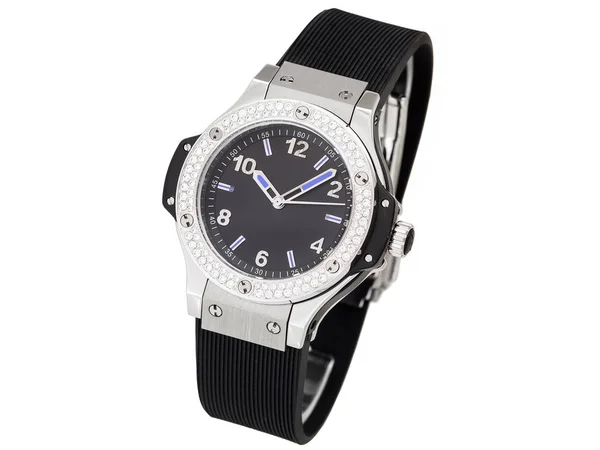 Watches Decorated Rhinestones Made Precious Stones Silver Case Black Dial — Stock Photo, Image