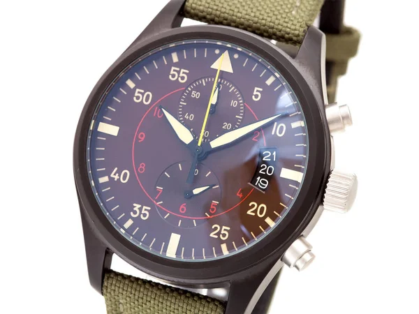 Wristwatch Green Textile Strap Brown Iron Case Arrows Numbers Close — 스톡 사진