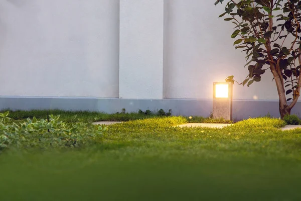 metal ground lamp lighting the backyard trail with green lawn and fence wall, nobody.