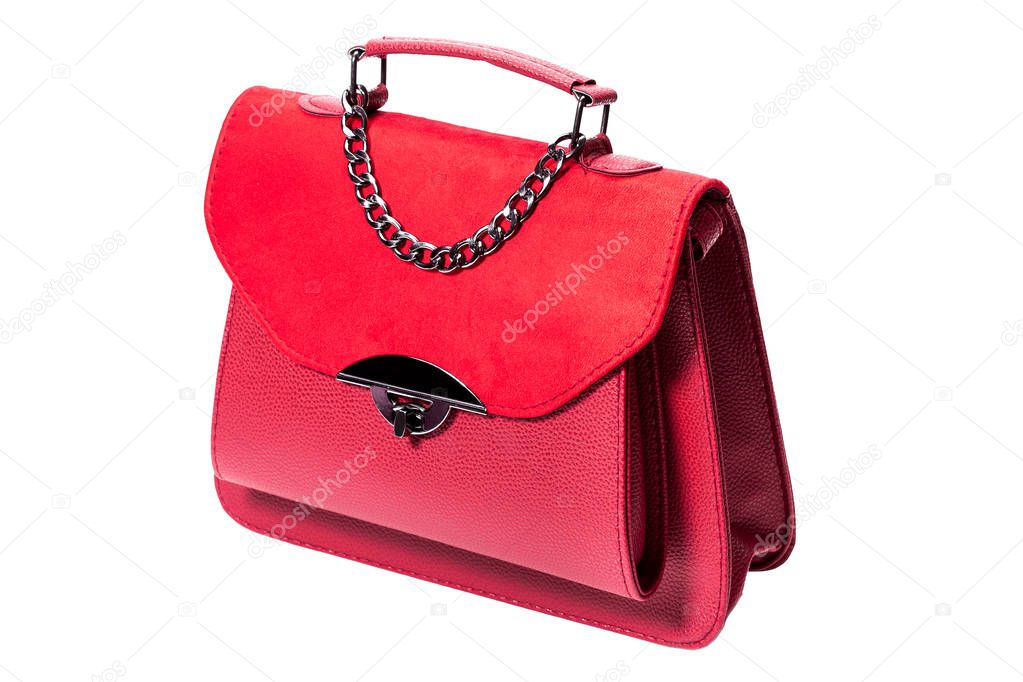 women's handbag in red leather and suede, side view 3/4 object on a white background.