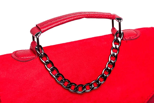 Leather Handle Red Suede Women Handbag Decorative Chain Close Details — Stock Photo, Image