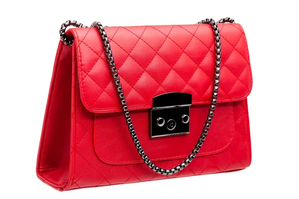 Woman Handbag Red Leather Square Pattern Metal Strap Side View — Stok fotoğraf