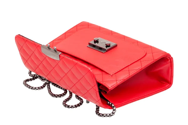 Woman Handbag Open Lock Red Leather Square Pattern Lying White — Stockfoto