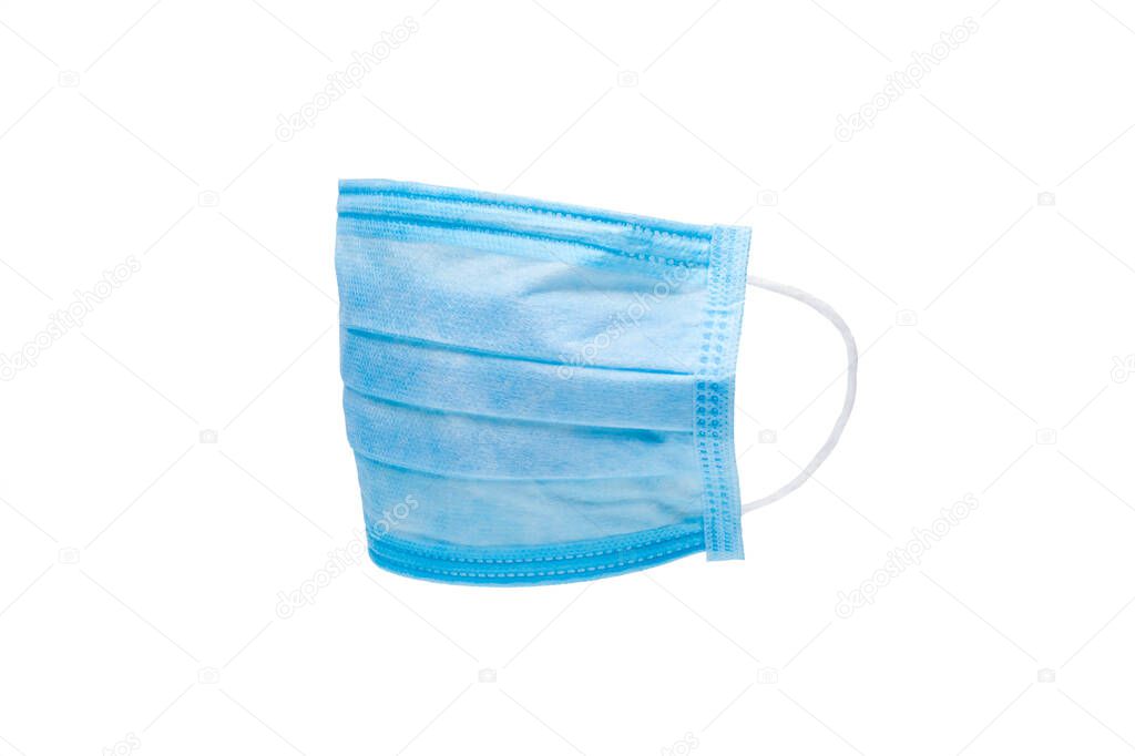 blue fabric sick mask side view isolated on white background.
