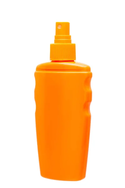 不可用的橙色塑料瓶 白色底座上有防晒霜侧面的喷雾 — 图库照片
