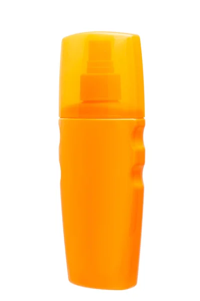 Orange Plastic Bottle Spray Transparent Cover Suntan Cream Side View — Stock Photo, Image