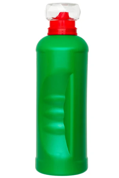 透明なキャップと赤いディスペンサーを備えた洗剤の入った緑色のラベルなしプラスチックボトル白い背景に消毒用の分離物 — ストック写真