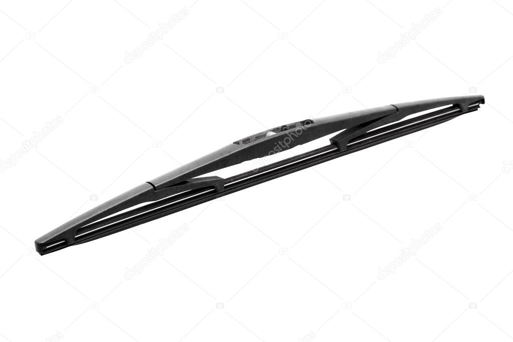 car wiper with rubber blade and plastic clamping mechanism, spare part isolated on white background.