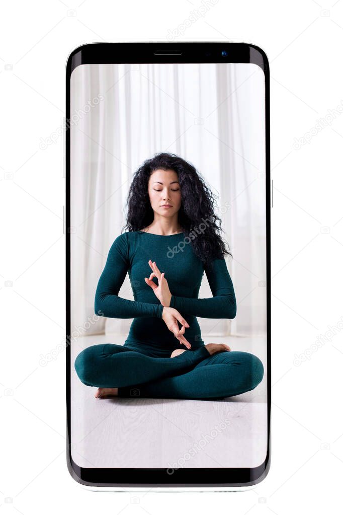 remote online yoga class gadget broadcasting communication of the trainer with quarantined people sitting at home on the phone, telephone isolated on white with a woman on the screen.
