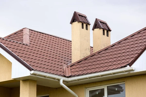 Brown Rooftop Ceramic Tile Pipe Storm Drainage System Close Details — Stock Photo, Image