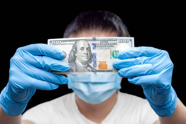 100 Dollar Bill Hands Medical Gloves Holds Man Sick Mask — Stock Photo, Image