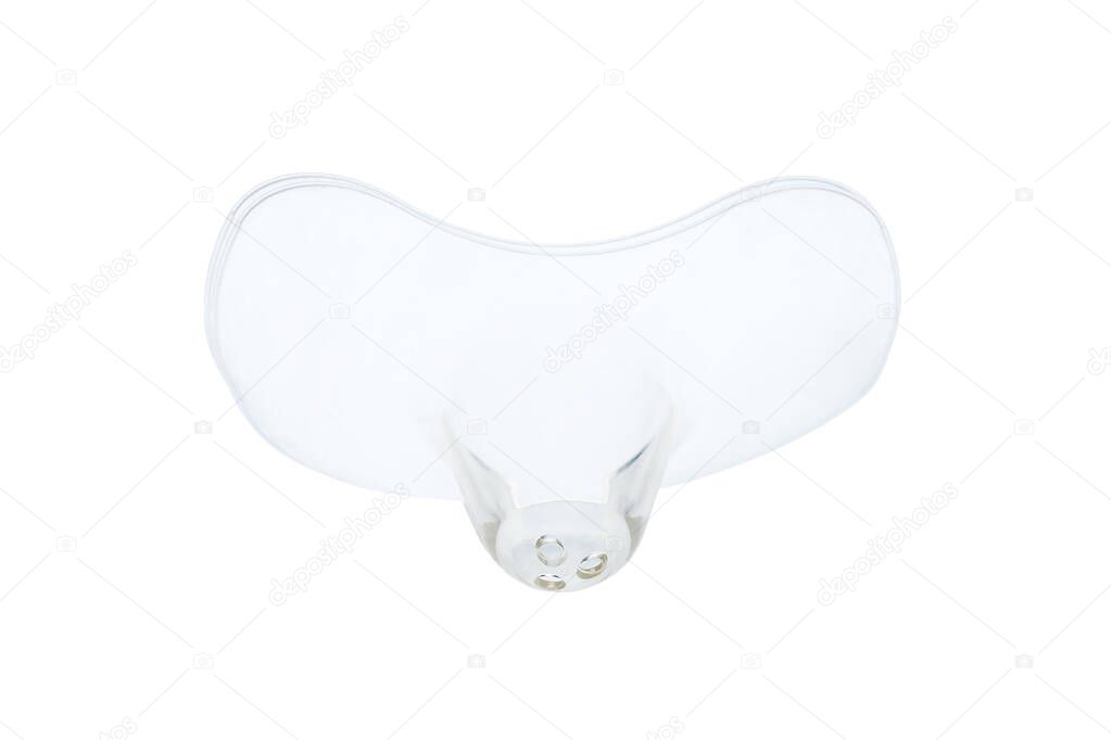 Contact nipple shield nippleshield for breastfeeding with latch difficulties or flat or inverted nipples, transparent silicone nipple protectors isolated on white background nobody.