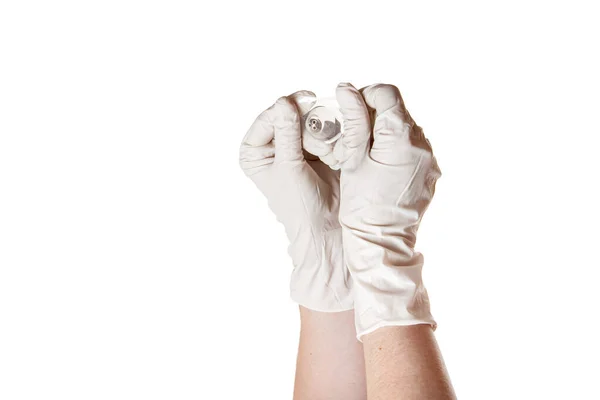 Χέρια Γάντια Κατέχει Και Δείχνουν Θηλή Επαφή Ασπίδα Nippleshield Για — Φωτογραφία Αρχείου