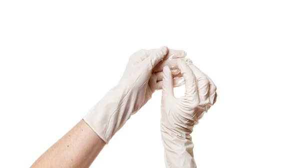 Χέρια Γάντια Κρατά Θηλή Επαφή Ασπίδα Nippleshield Για Θηλασμό Κλειδαριάς — Φωτογραφία Αρχείου