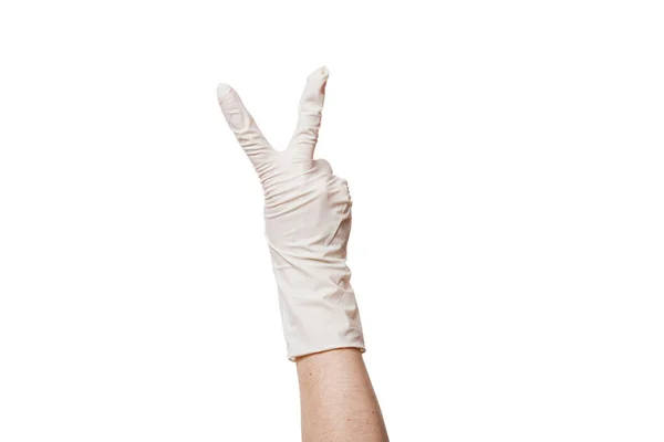 Рука Білій Стерильній Медичній Рукавичці Показує Два Пальці Жест Миру — стокове фото