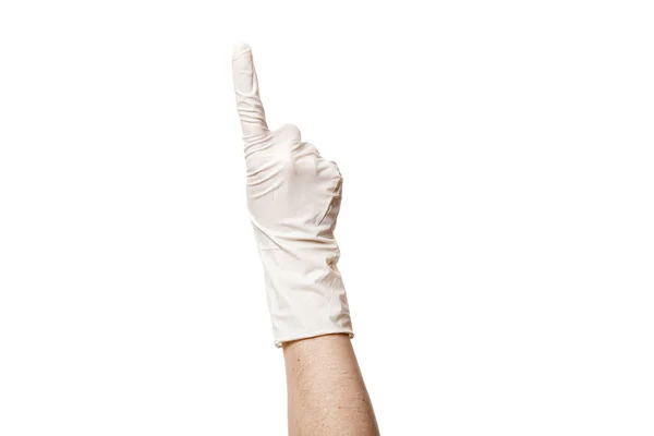 Рука Белой Стерильной Медицинской Перчатке Показывает Указательный Палец Вверх Жест — стоковое фото