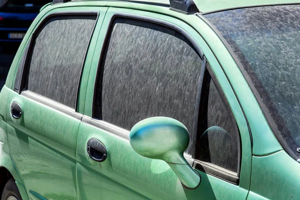 green dirty car in dust side view on the door and mirror on a sunny day, closeup background on auto theme.