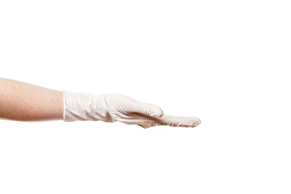 Χέρι Ένα Αποστειρωμένο Λευκό Γάντι Κρατά Μια Χειρονομία Επίδειξης Παλάμης — Φωτογραφία Αρχείου