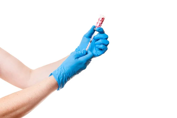 Nurse Hands Blue Medical Gloves Holding Glass Bottle Fulled Vaccine — Stock Photo, Image