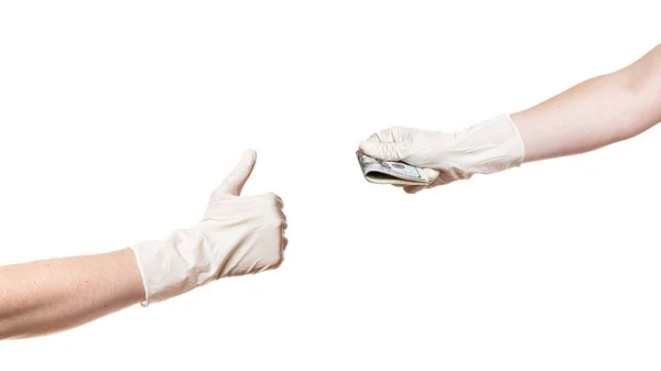 Mãos Luvas Médicas Estéreis Conceito Sobre Tema Corrupção Medicina Dando — Fotografia de Stock
