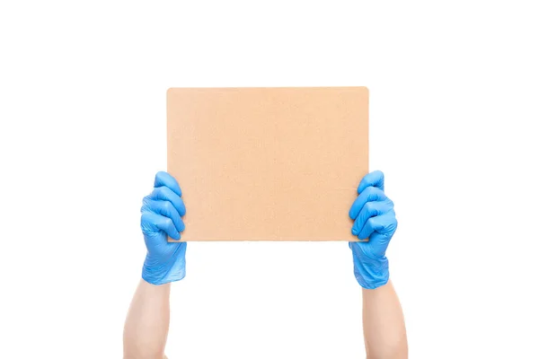 Simbolo Protesta Vuoto Cartone Carta Tenere Mani Guanti Medici Blu — Foto Stock