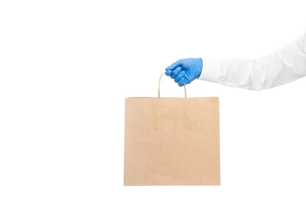 Brown Paper Eco Friendly Package Holds Hand Sleeve Shirt Deliveryman — Stock Photo, Image