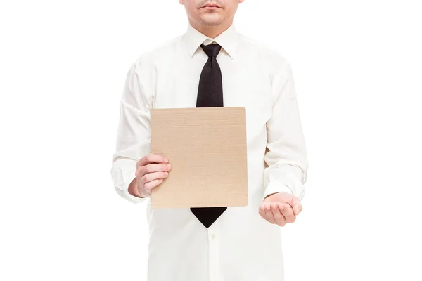 Empresário Camisa Com Gravata Segura Cartaz Papelão Protestando Contra Desemprego — Fotografia de Stock