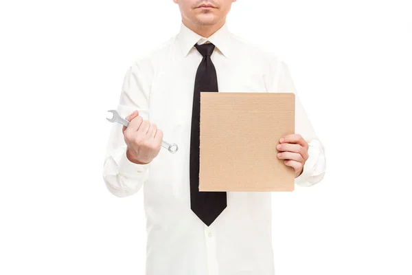 Trabalhador Camisa Gravata Segura Uma Chave Apertando Mão Punho Cartaz — Fotografia de Stock