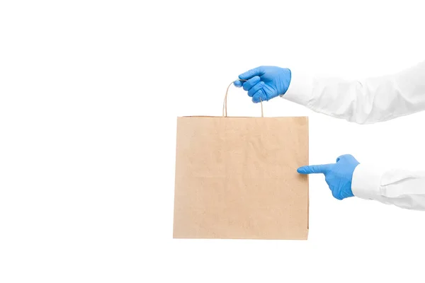 Hands Sterile Gloves Courier Safe Delivery Food Eco Friendly Package — Stock Photo, Image