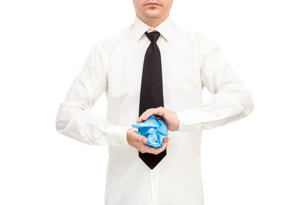 Homem Sem Rosto Camisa Branca Gravata Preta Amassado Monte Máscaras — Fotografia de Stock