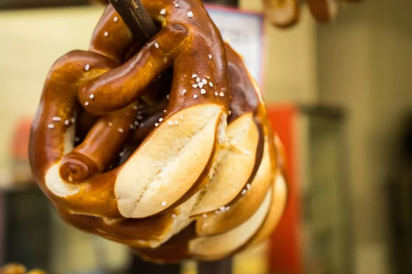 Hanging Salted German Pretzels — Stock Photo, Image