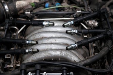 Kaputun altındaki motorda yüksek voltaj kabloları olan bujiler.