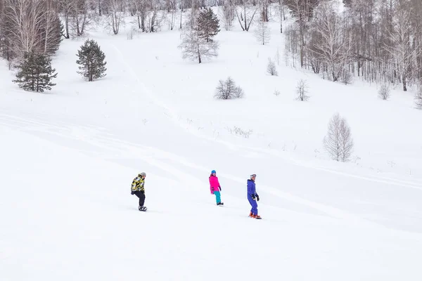 A three snowboards slides down the mountain over white snow in a — стокове фото