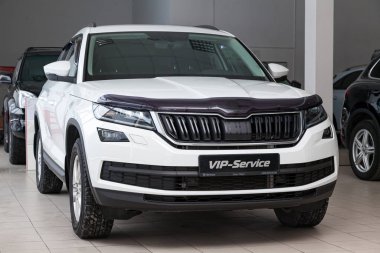 Beyaz yeni Skoda Kodiaq. Kar arabasının önüne park ediyor.
