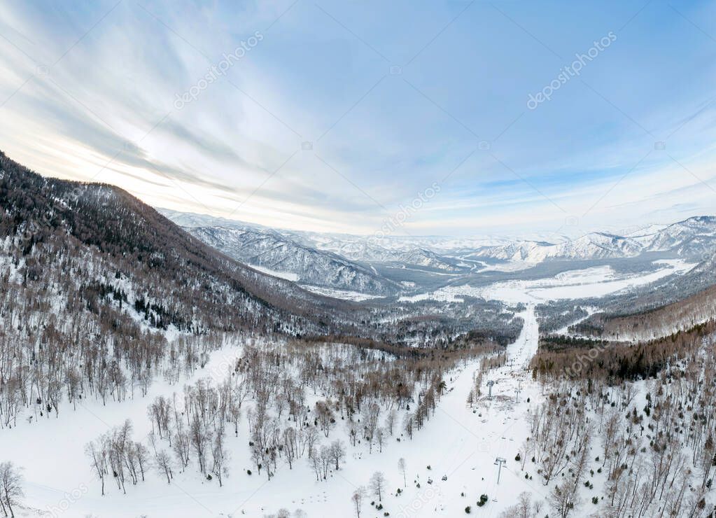 Aerial Picturesque panoramic landscape in the Altai mountains wi