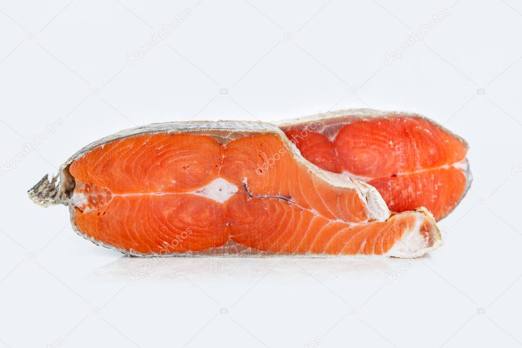 Delicious steaks of coho salmon fish after freezing before cooki