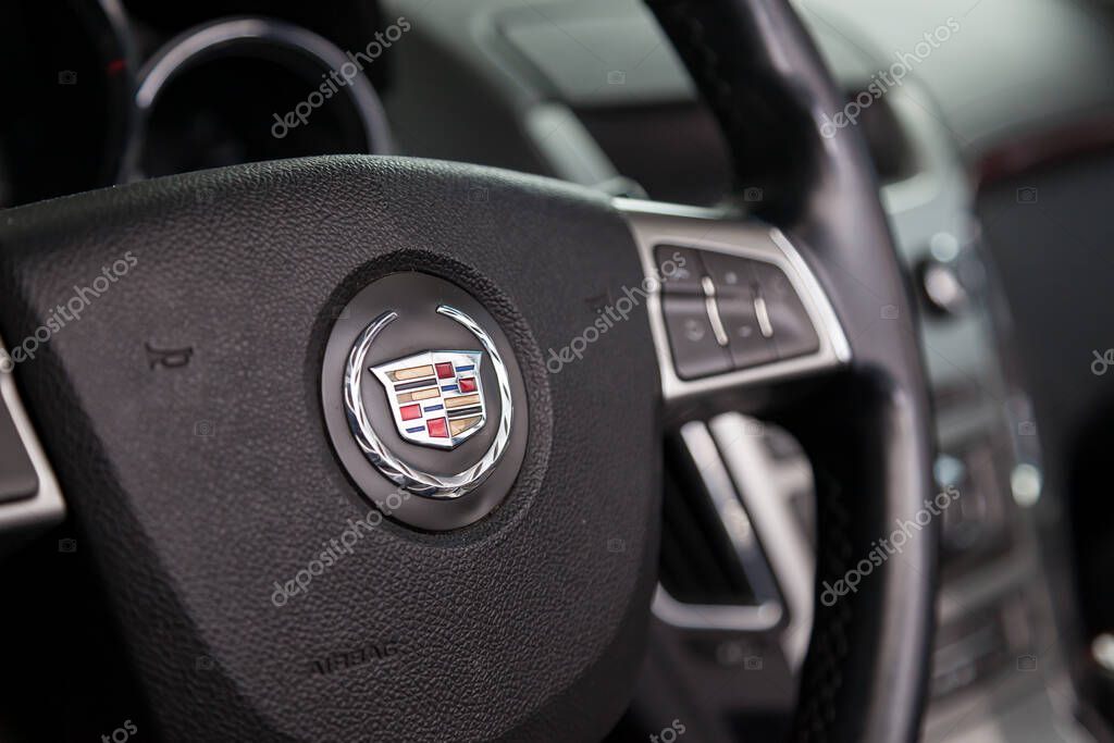 Novosibirsk, Russia - 02.05.2020: The interior of the car Cadillac CTS with a view of the dashboard, steering wheel, front seats after cleaning before sale on parking